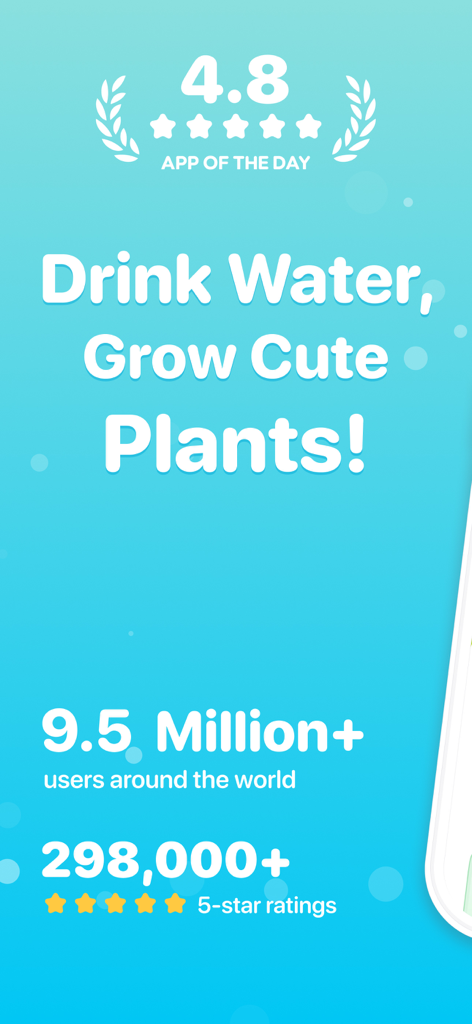 Plant Nanny Cute Water Tracker - Vitrine do aplicativo Plant Nanny apresentando uma classificação de 4,8 e mais de 9,5 milhões de usuários em todo o mundo