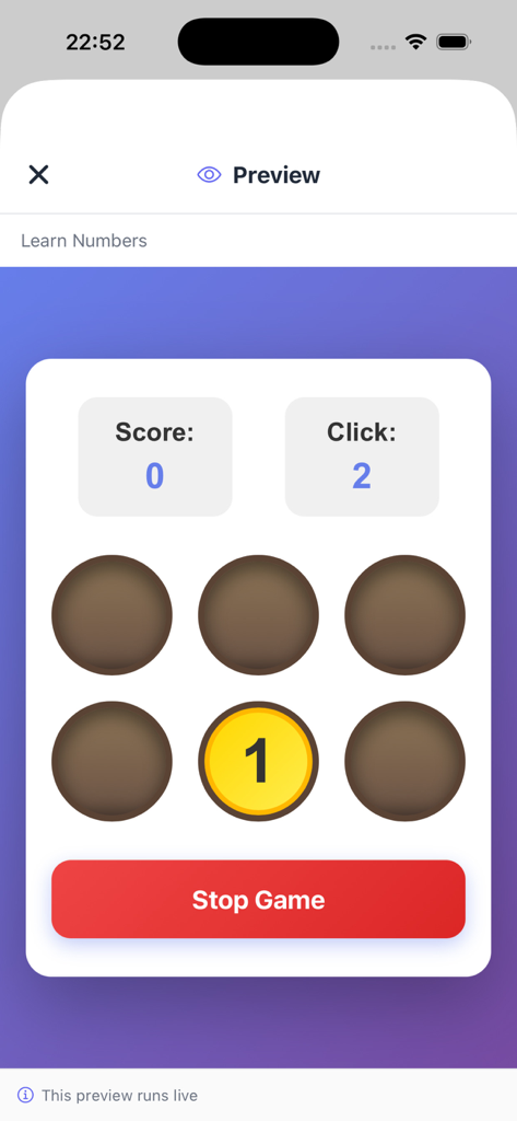 Neyse - A live preview of a number learning game interface created using the Neyse AI app builder
