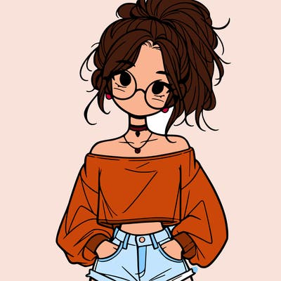 girl with a messy ponytail glasses a baggy crop top and jean shorts
