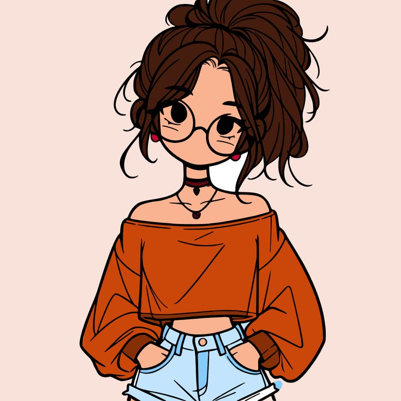 girl with a messy ponytail glasses a baggy crop top and jean shorts