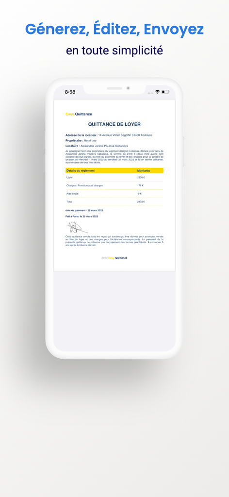 EQ: Rent Receipt & Management - A professional digital rent receipt displayed on a smartphone screen.
