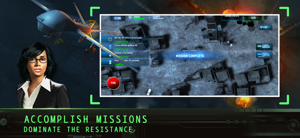 Drone : Shadow Strike - Draufsicht im Wärmebildmodus auf den Bildschirm für den erfolgreichen Abschluss einer Militärdrohnen-Mission in Drone Shadow Strike