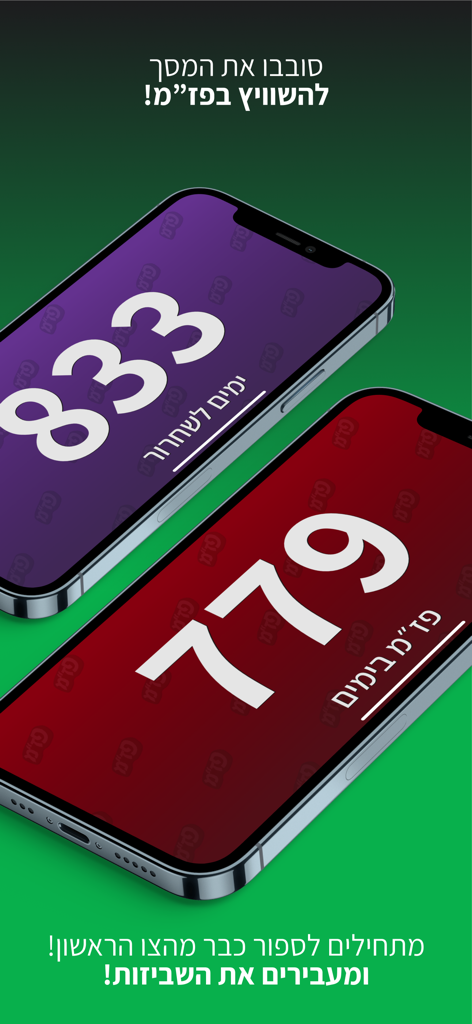 פז"מ - Two smartphones displaying the Pazam app interface with IDF service discharge countdowns and seniority tracking in Hebrew.