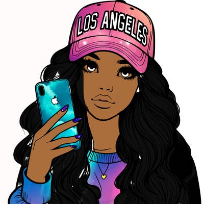 realistic beautiful girl wearing los ángeles cap holding an iphone