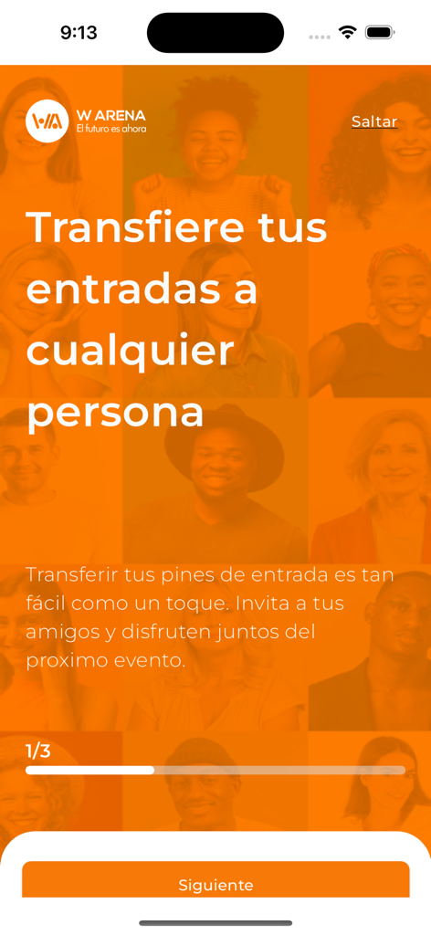 W Arena - W Arena mobile app onboarding screen in Spanish explaining the digital ticket transfer feature for events.