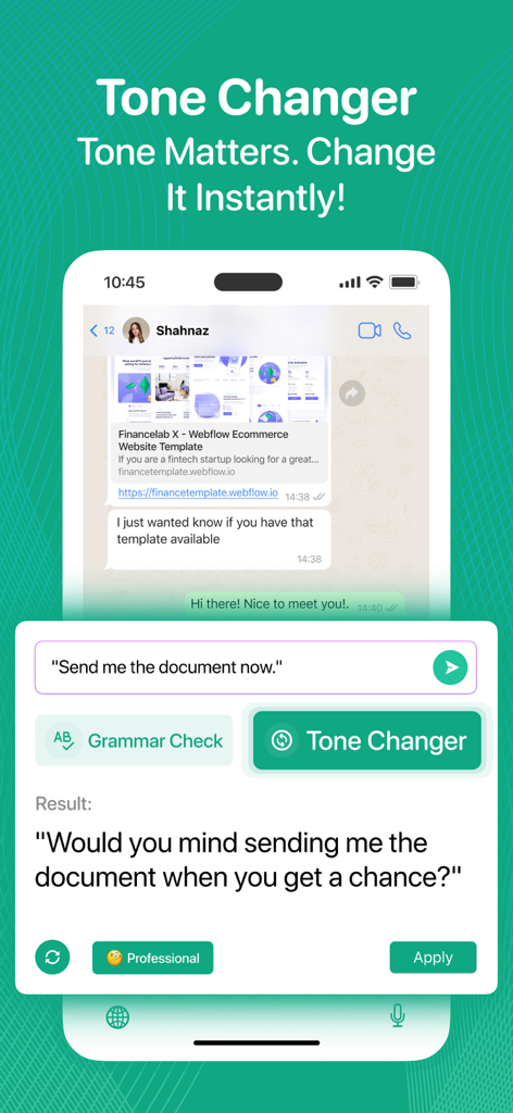 Textify: Smart Reply Assistant - Textify mobile app interface showing the Tone Changer feature converting a direct request into a polite professional message.