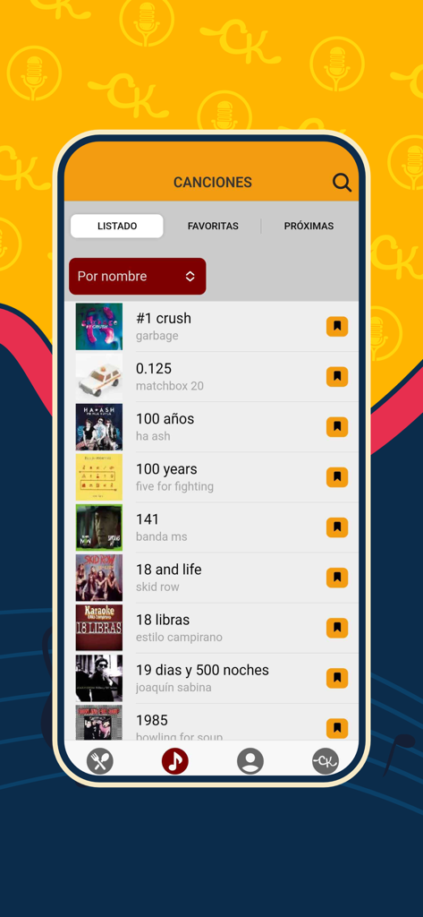 Clasicos Karaoke - Karaoke song list interface from the Clasicos Karaoke mobile app