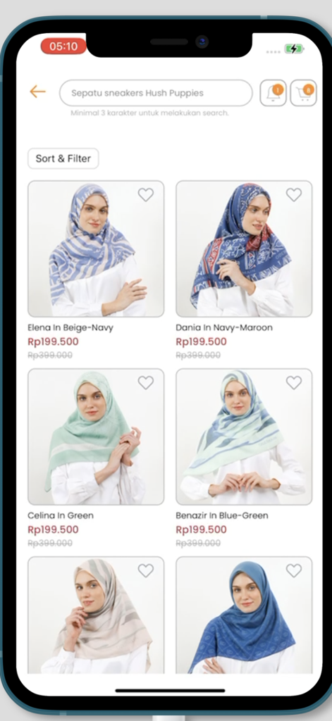 9to9 - A product listing page in the 9to9 mobile shopping app featuring various patterned headscarves and hijabs with prices