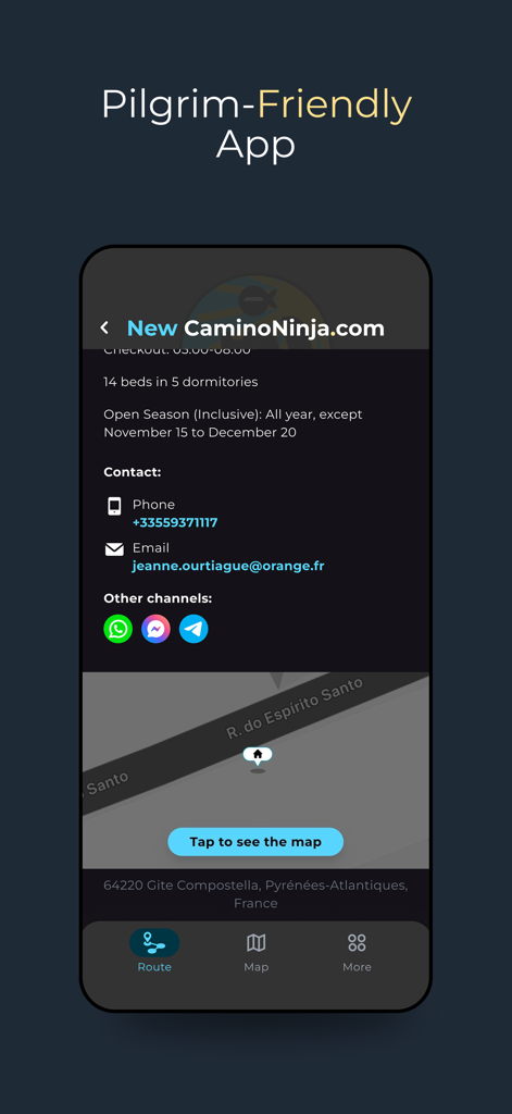 Camino Ninja App - Camino Ninja App interface displaying accommodation contact information and a map for pilgrims.
