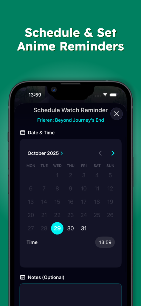 The Animekai - Space of Anime - The Animekai app interface for scheduling anime watch reminders using a calendar and time picker