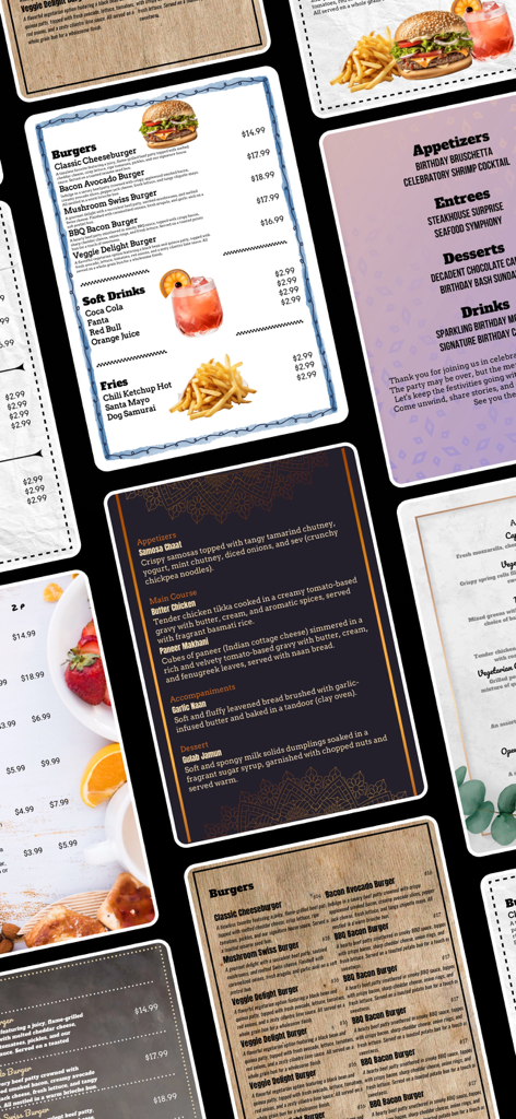 Menu Maker - Price List PDF - A collection of diverse and professional restaurant menu templates from the Menu Maker app.