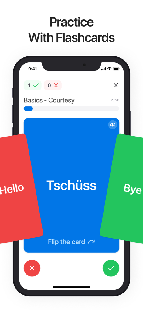 Translate AI: Voice Translator - Mobile app screen showing language learning flashcards for practicing basics like courtesy phrases