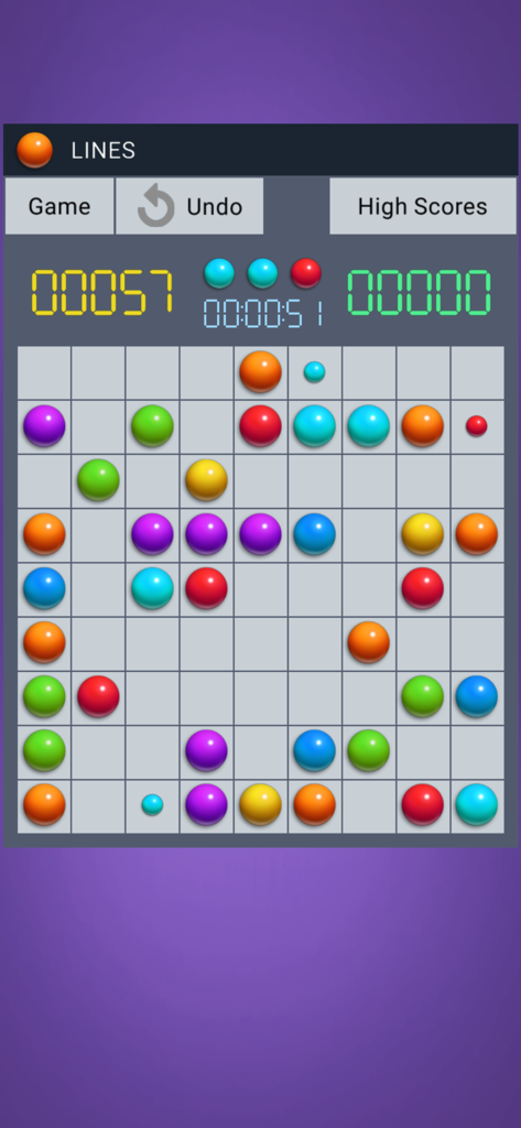 Color Lines 98 gameplay grid with colored balls and score counter