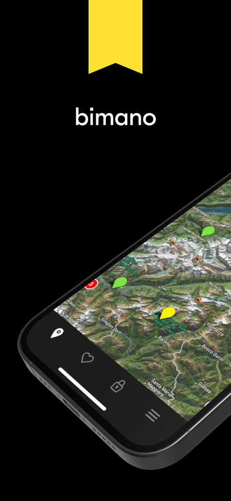 Bimano Boulder - Bimano Boulder app interface showing a topographic climbing map with location pins on a smartphone.