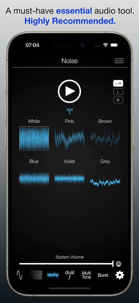 Audio Function Generator PRO - Audio Function Generator PRO app interface showing different noise types including white pink and brown noise with waveforms