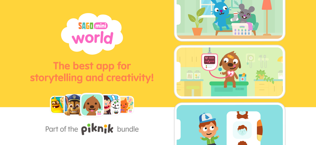 Banner promocional de la aplicación Sago Mini World que muestra escenas de juego y la suscripción al paquete Piknik