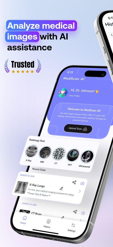 AI Doctor & Radiology-Med Scan - MedScan AI mobile app interface showing features for analyzing X-ray MRI and CT scans with artificial intelligence assistance