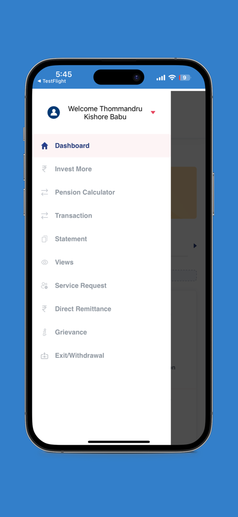 NPS by KFintech-CRA - The navigation sidebar of the NPS by KFintech app showing menu options like Dashboard, Invest More, Pension Calculator, and Transaction.