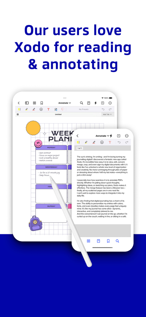 iPad and iPhone displaying Xodo PDF reader and annotation tools with a digital weekly planner