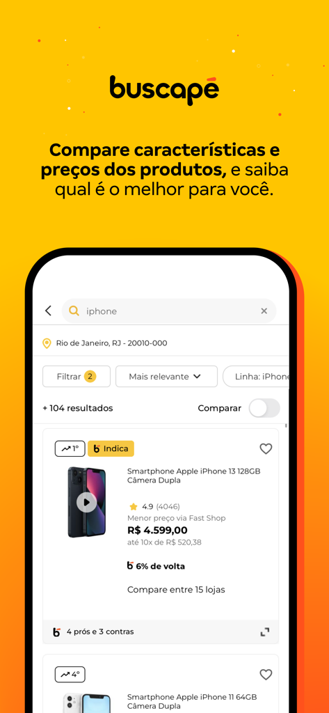 Buscapé: Comprar com Cashback - Buscape App-Oberfläche, die Preisvergleich und Cashback für ein iPhone anzeigt