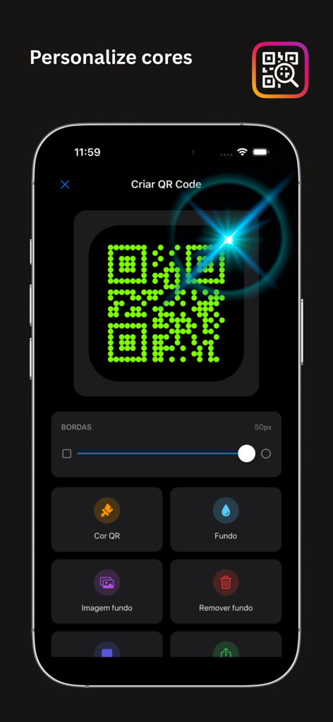 QR Scanner & Gerador Pro - Interface showing how to customize the color and background of a QR code