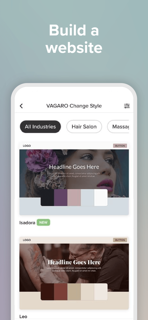 Vagaro Pro app screen displaying customizable website templates for salons and independent professionals.