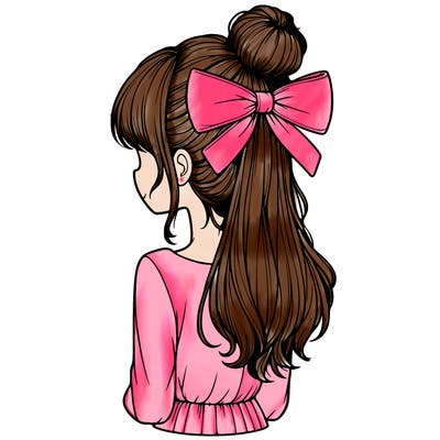 realistic girl  with hip length hair a bun and a big bow on the back of head