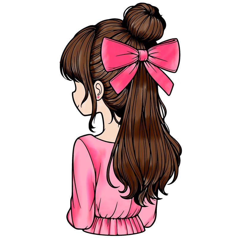 realistic girl  with hip length hair a bun and a big bow on the back of head