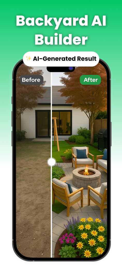 Before and after comparison of a backyard landscape design generated by AI
