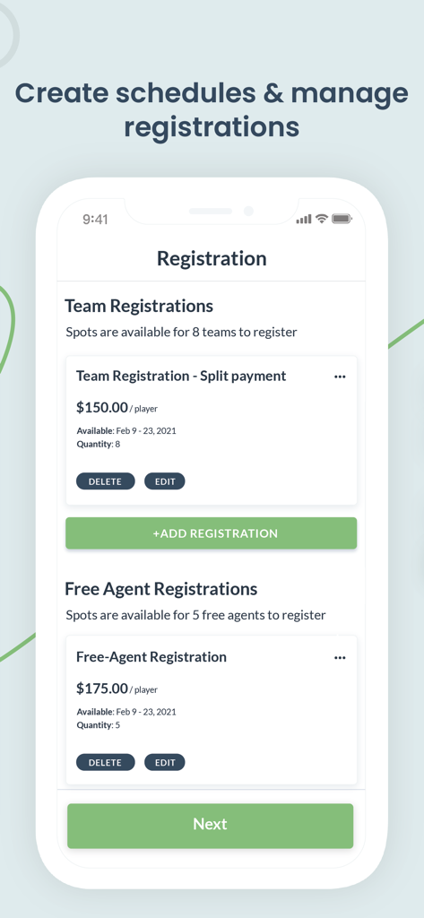 Interface do aplicativo OpenSports para gerenciar inscrições de equipes e agentes livres com opções de pagamento