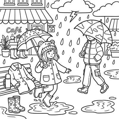 Get ready for a delightful day indoors with this charming rainy day outerwear coloring page! Watch as children brave the weather in stylish raincoats and boots, making puddles their playground.