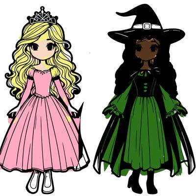 two realistic girls side by side, one a witch one a princess