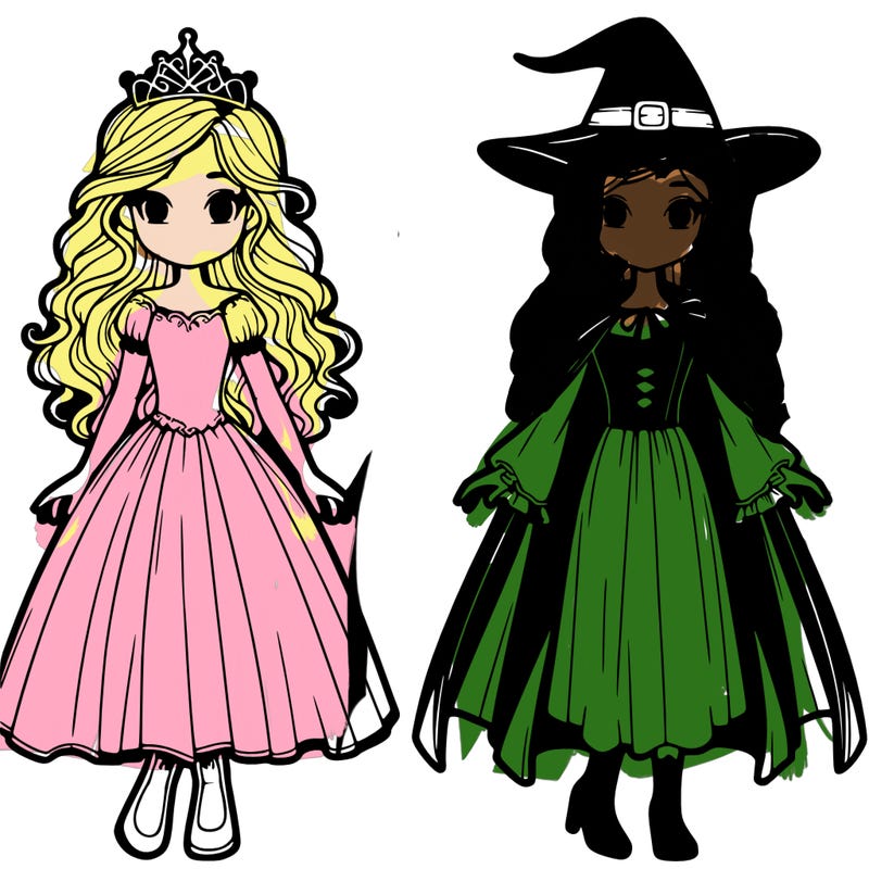 two realistic girls side by side, one a witch one a princess