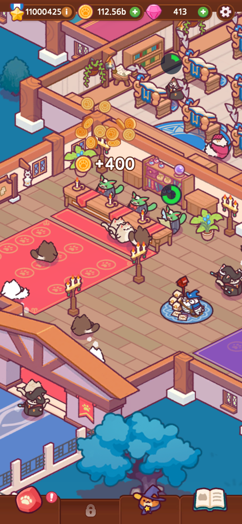 Cat Magic School : Cute Tycoon - Cute cat students wearing wizard robes in a magic school classroom with floating gold coins