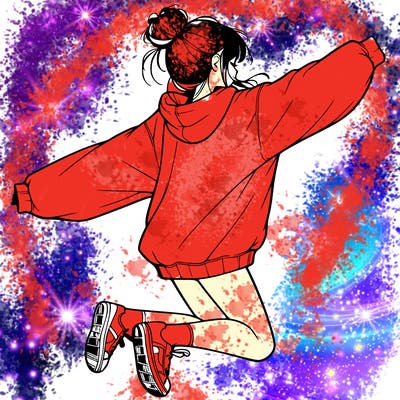 realistic girl jumping with a bun and oversized sweatshirt