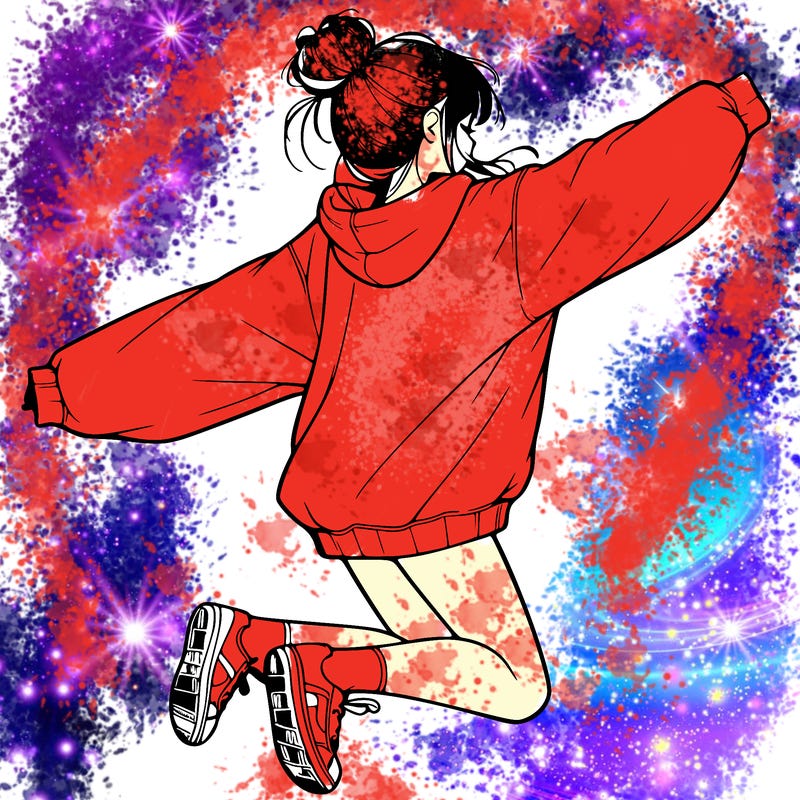 realistic girl jumping with a bun and oversized sweatshirt
