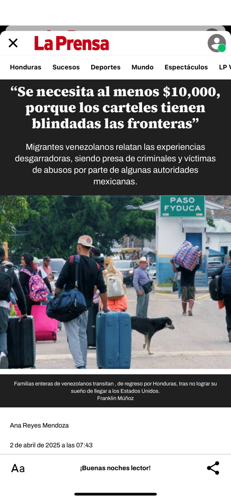 Diario La Prensa Honduras - Digital news article about immigration and border security in the La Prensa Honduras mobile application