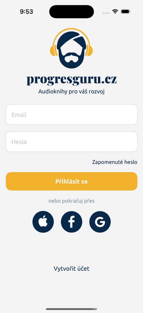 Schermata di accesso dell'app mobile ProgresGuru per audiolibri