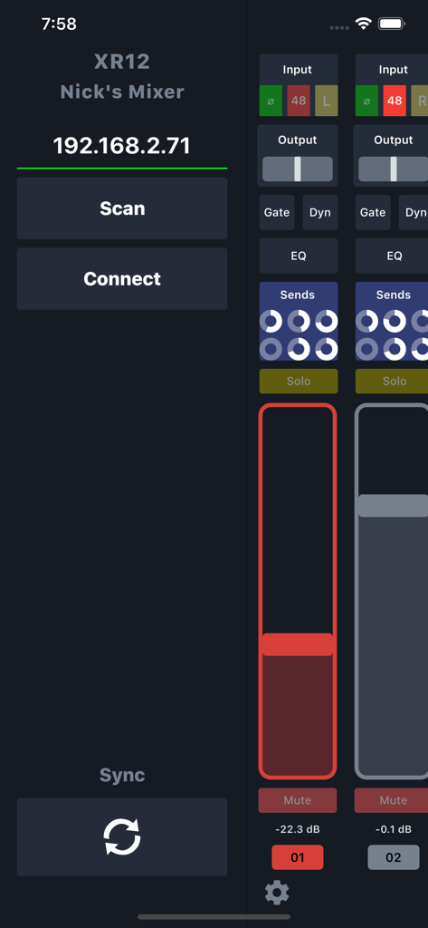 X Air Controller app interface showing mixer connection setup and channel faders