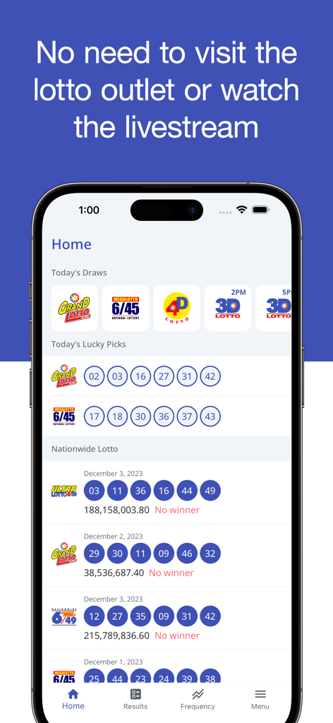 PCSO Lotto Results - PCSO Lotto Results app home screen displaying latest Philippine lottery winning numbers and jackpot prizes
