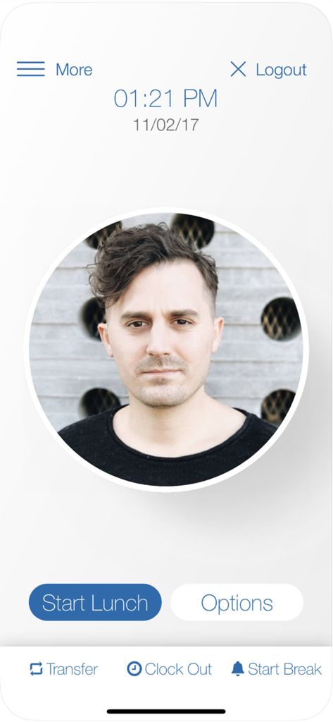 User interface of the Paychex Oasis Time Kiosk app showing photo verification and employee clocking options