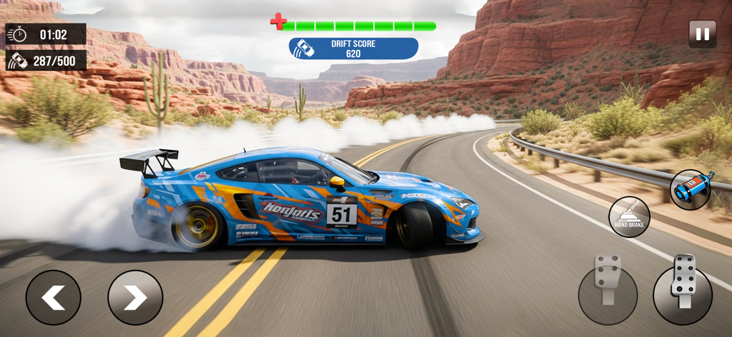 Extreme Car Drift Simulator 3D - Um carro esportivo azul fazendo drift em uma estrada desértica sinuosa com fumaça saindo dos pneus.