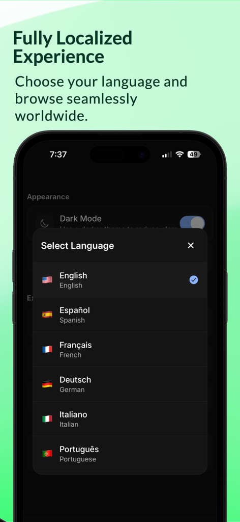 SoleInsider app screen showing a menu to select different languages like English Spanish and French