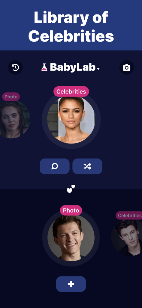 BabyLab app screen showing the celebrity library selection feature with photos of Zendaya and Tom Holland