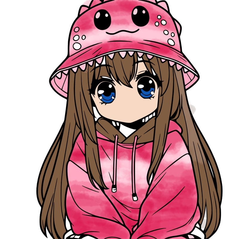 girl with anime shaped eyes with a dinosaur bucket hat oversized sweatshirt long straight hair