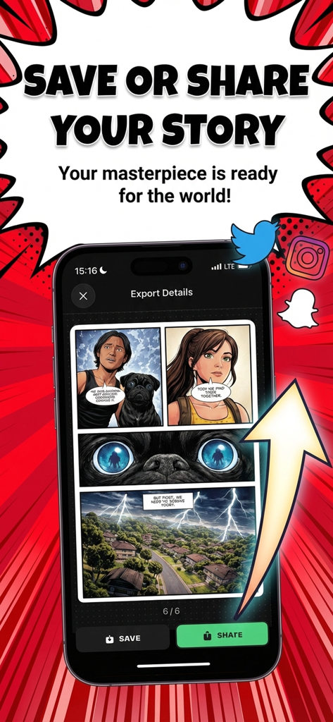 INKY: AI Manga, Comic & Anime - A smartphone showing an AI generated comic page with save and share options against a comic style background