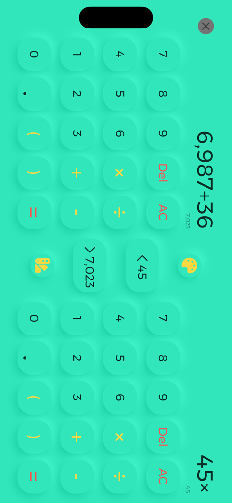 A dual calculator interface with a teal theme showing multitasking capabilities on a single screen