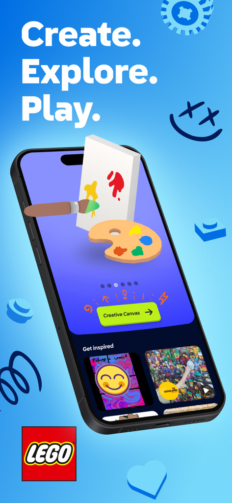 LEGO Play app interface featuring the Creative Canvas digital art tool and community inspiration section.