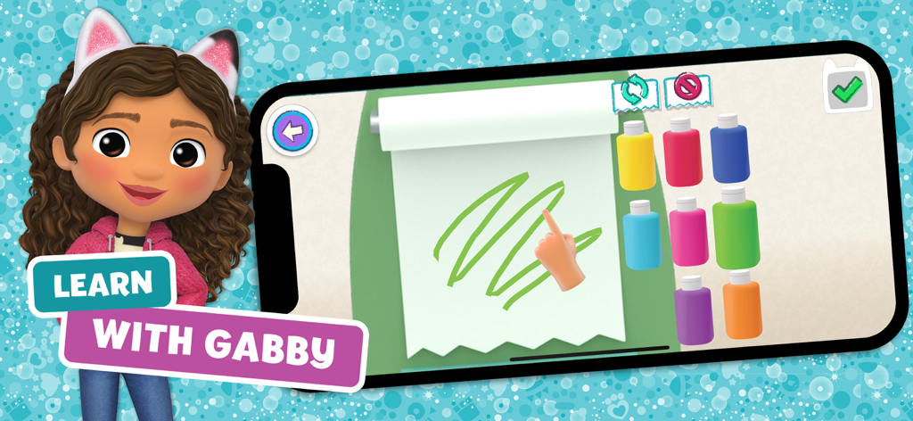 Gabby junto a la pantalla de un smartphone que muestra un juego creativo de dibujo y pintura.