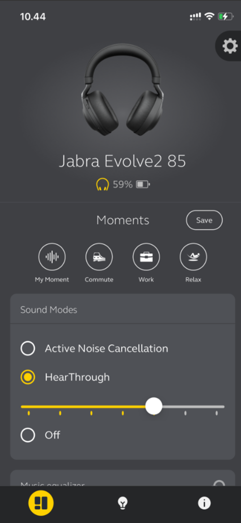 Jabra Sound Plus app interface showing headset control and sound modes for Jabra Evolve2 85